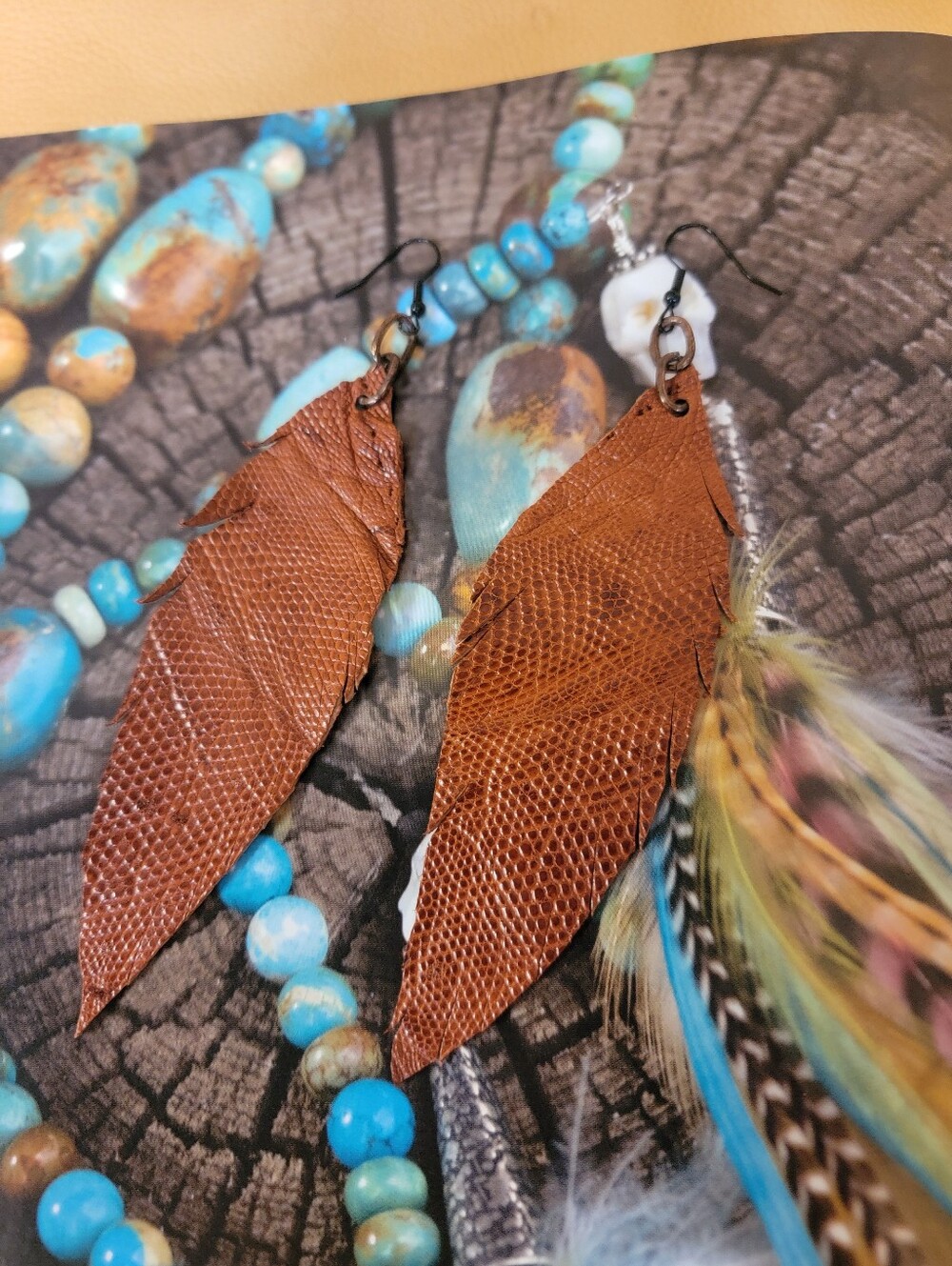 Handcrafted Brown Leather Feather Drop Earrings